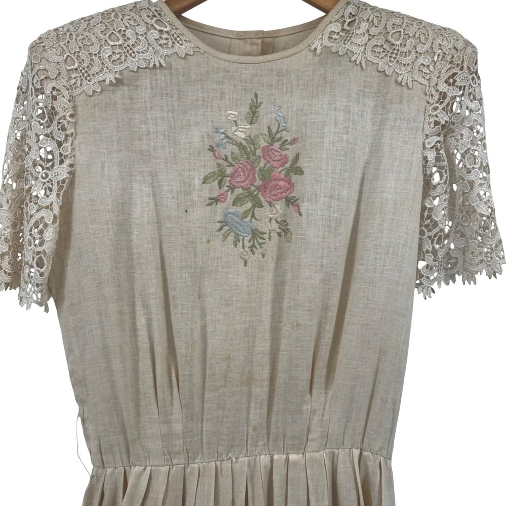 Vintage Handmade Embroidered Lace Linen Dress Cream Cottagecore Project Piece - Picture 3 of 16